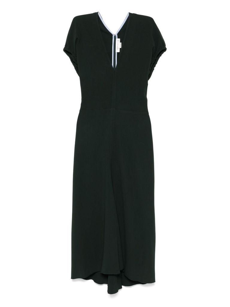 Victoria Beckham Green Midi Dress With Ruched Sleeves And V Neck In Viscose Blend Stretch Woman