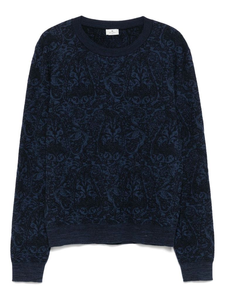 Etro Blue Sweater With Paisley Print In Cotton-wool Blend In Blue