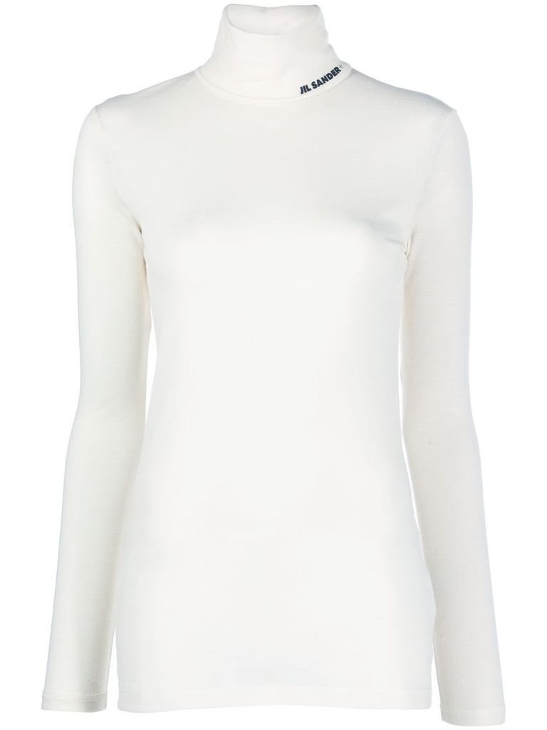 Jil Sander Logo Wool Blend Jersey Turtleneck Top In White