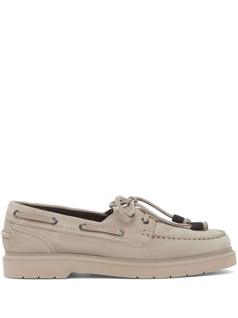 Brunello Cucinelli Taupe Grey Boat Moccasins With Monili Chain In Neutral