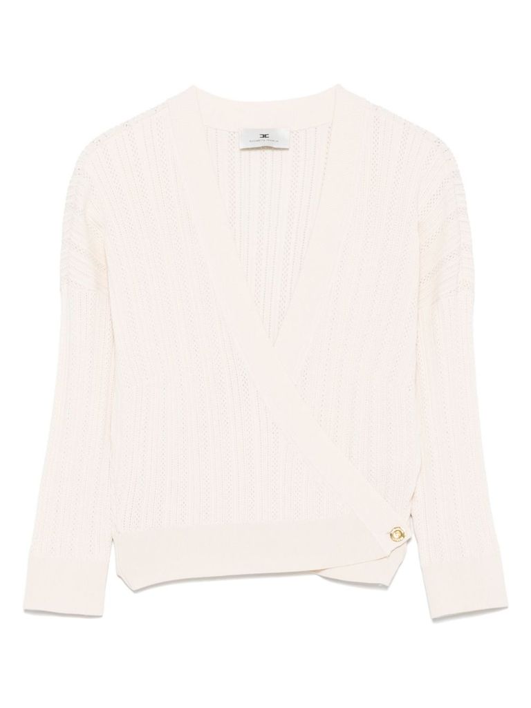 Elisabetta Franchi Beige V-neck Sweater With Side-buttoned Sleeves In Neutral