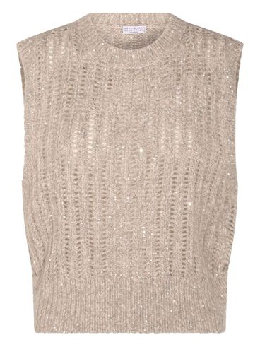 BRUNELLO CUCINELLI - Gilet in maglia beige girocollo