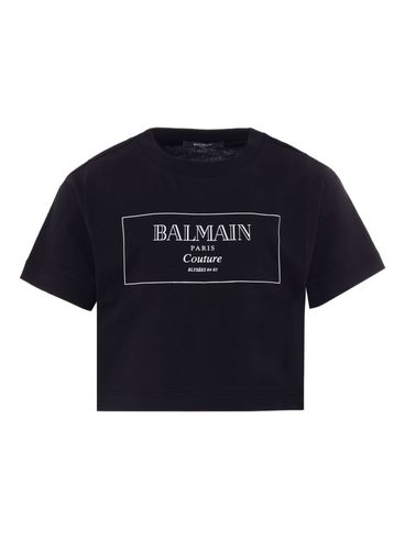 BALMAIN - Black cropped cotton T-shirt with print