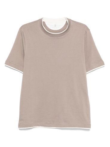BRUNELLO CUCINELLI - T-shirt in cotone beige con bordi a contrasto