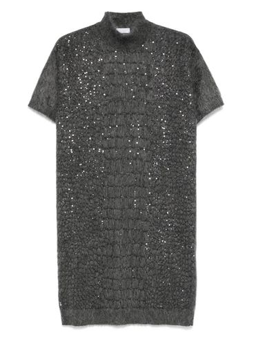 BRUNELLO CUCINELLI - Abito corto in lana misto cashmere grigio con dettagli paillettes