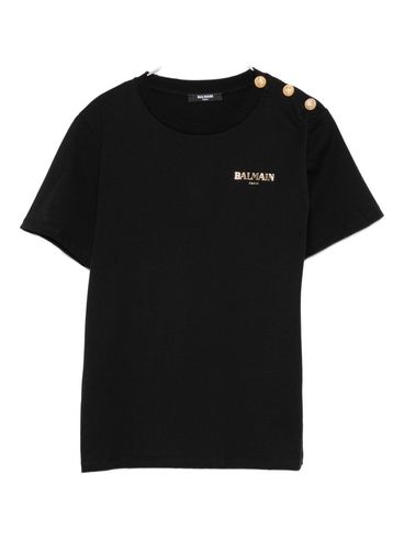 BALMAIN - Black cotton T-shirt with gold-colored buttons