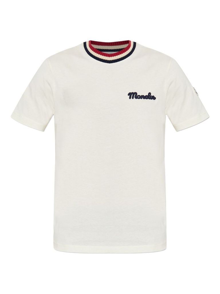 Moncler White Cotton T-shirt With A Contrasting Ribbed Striped Collar And Logo In White