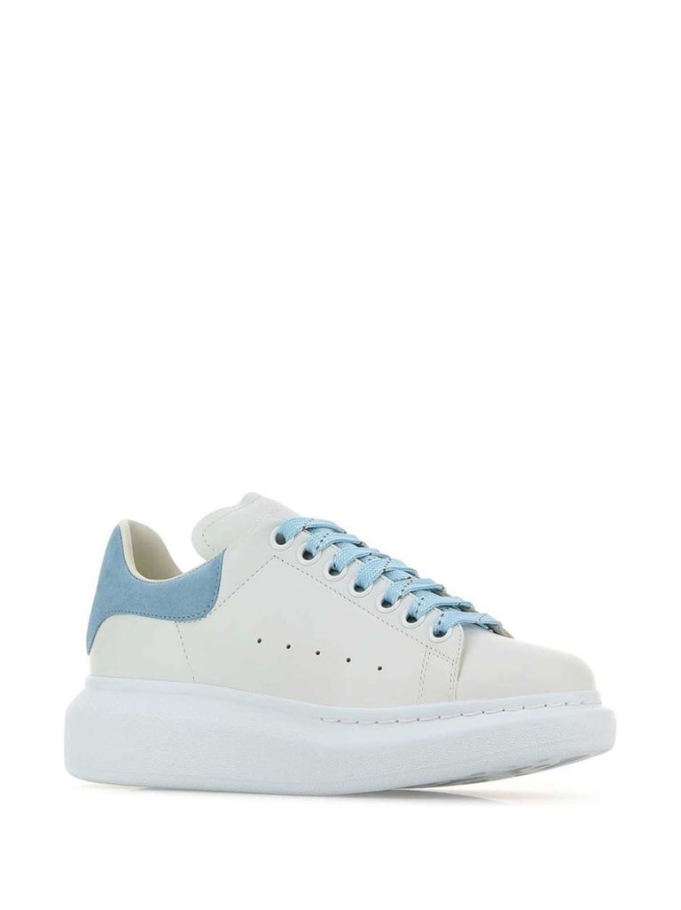 Alexander Mcqueen Women White Leather Sneakers With Pastel Light Blue Suede Heel In White
