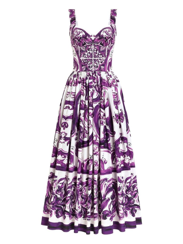 Dolce & Gabbana Long Poplin Dress With Majolica Print In White