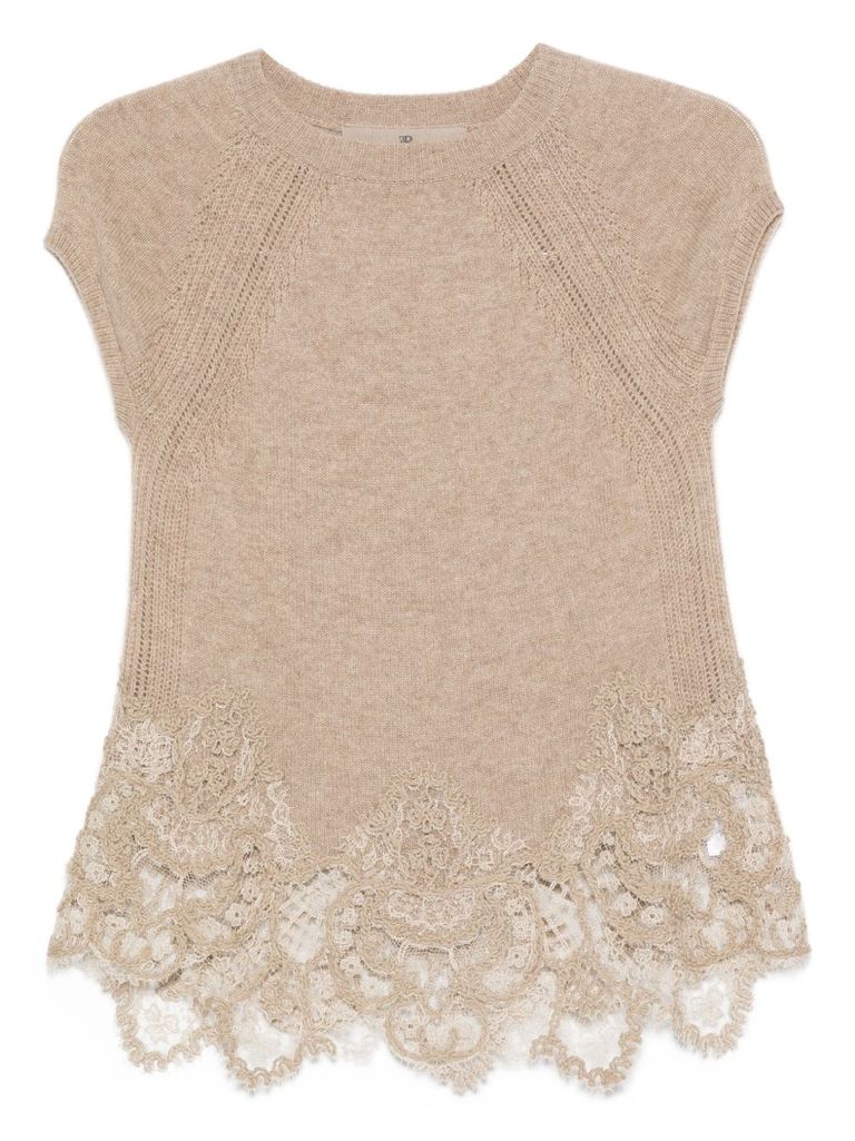 Ermanno Scervino Lace Cashmere Top In Nude