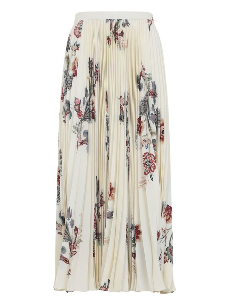 Etro Pleated Midi Skirt With Floral Print In Neutral