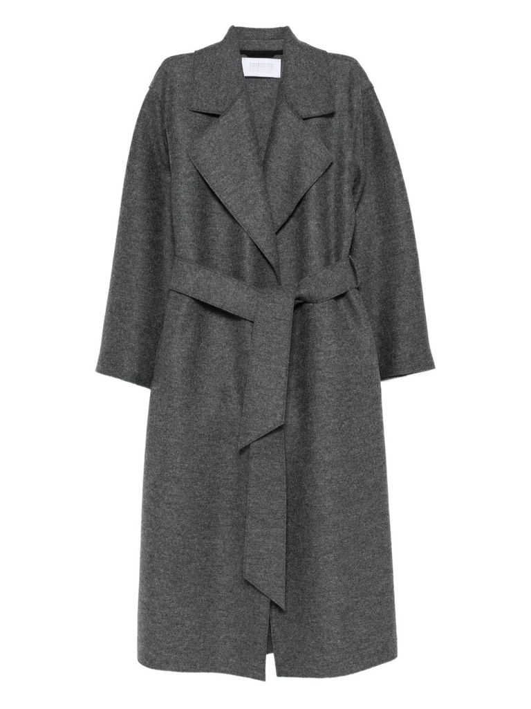 Long wool coat with shoulder pads.