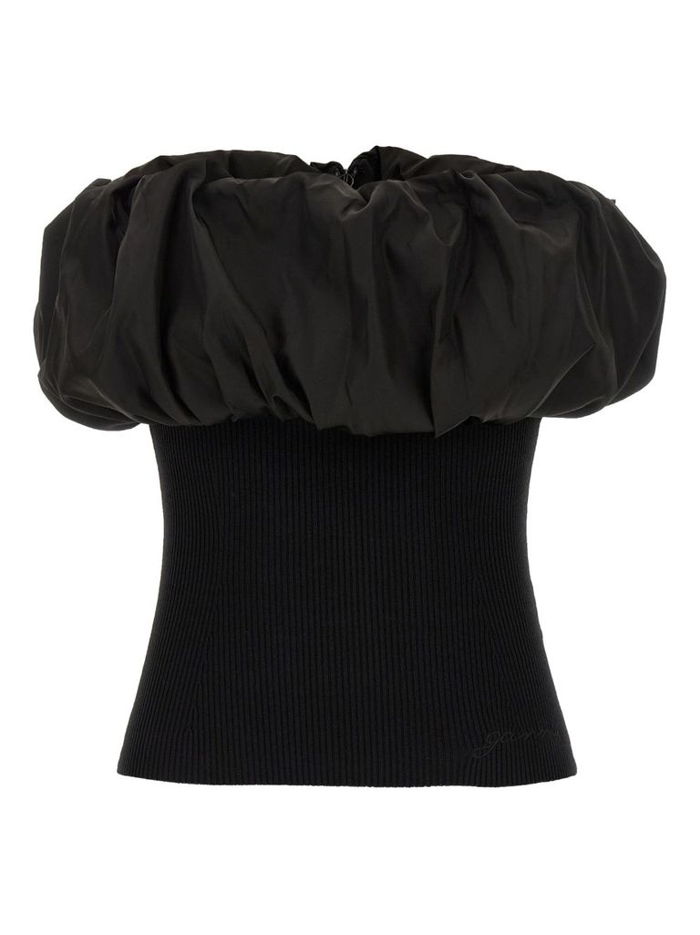 Ganni Black Ribbed Knit Top With Off-shoulder Design In Black