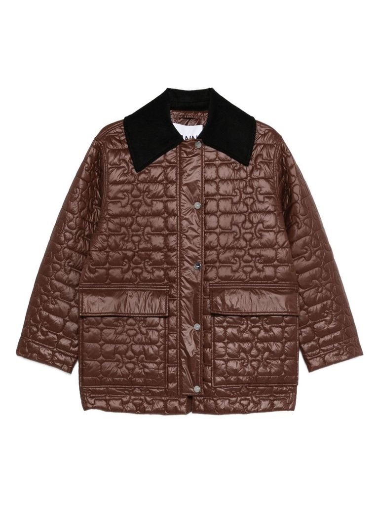 Ganni Quilted Coat With Contrasting Collar In Brown