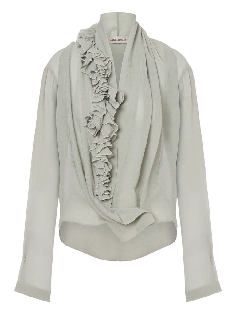 Alberta Ferretti Loose-fitting Grey Shirt With Ruffled Trim In Gray