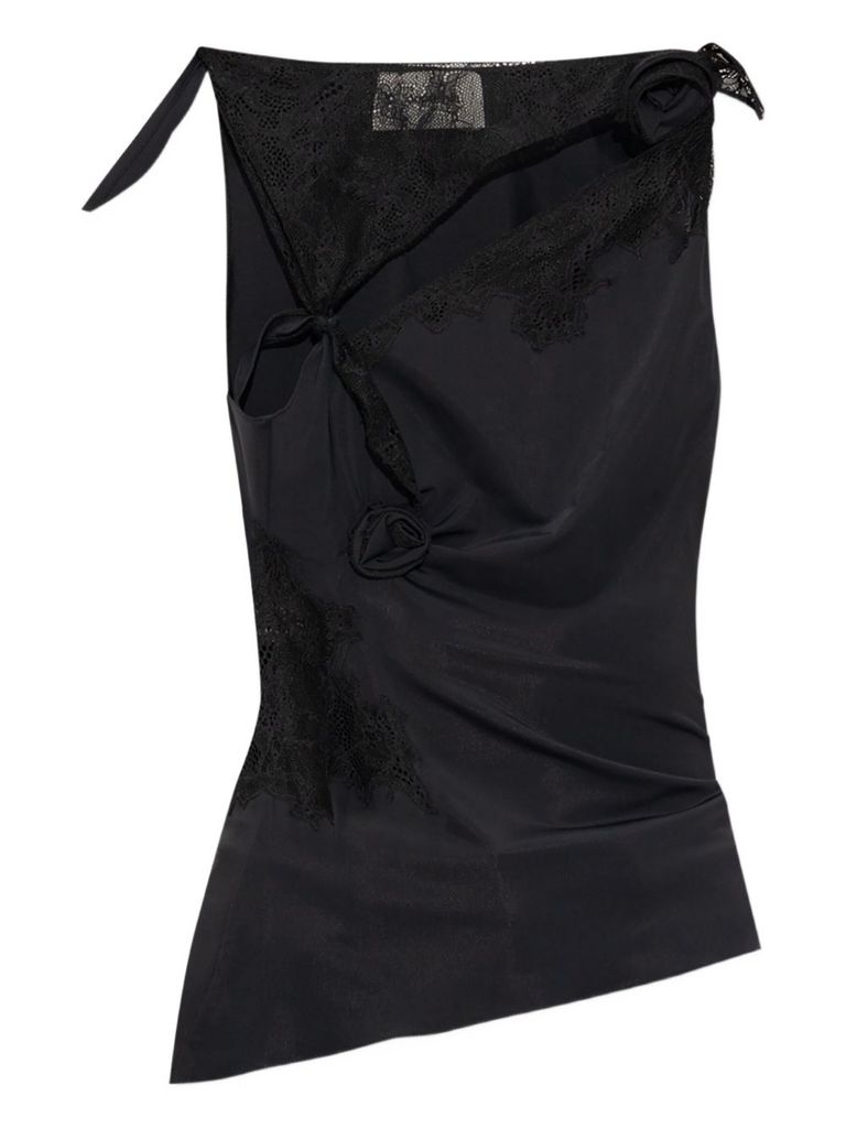 Coperni Black Asymmetric Sleeveless Top With Floral Detail And Cut-out On The Front In Black