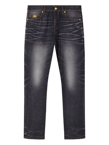 VERSACE - Jeans neri slavati con dettaglio medusa