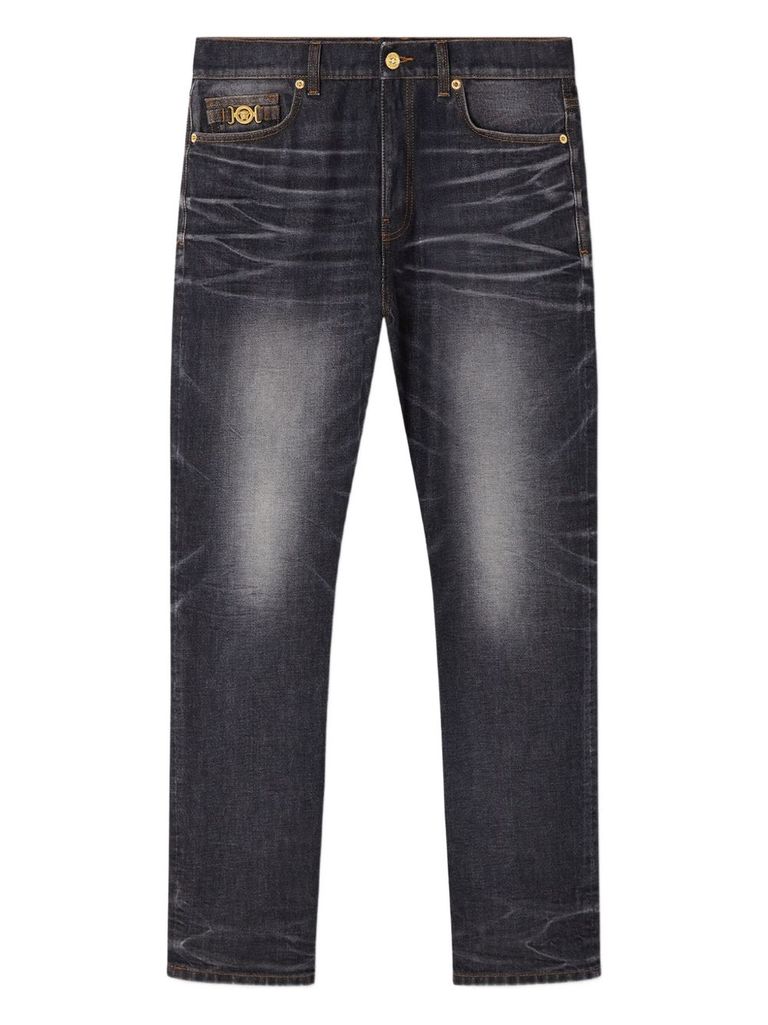 Versace Denim Jeans With Faded Effect And Contrast Stitching In Black