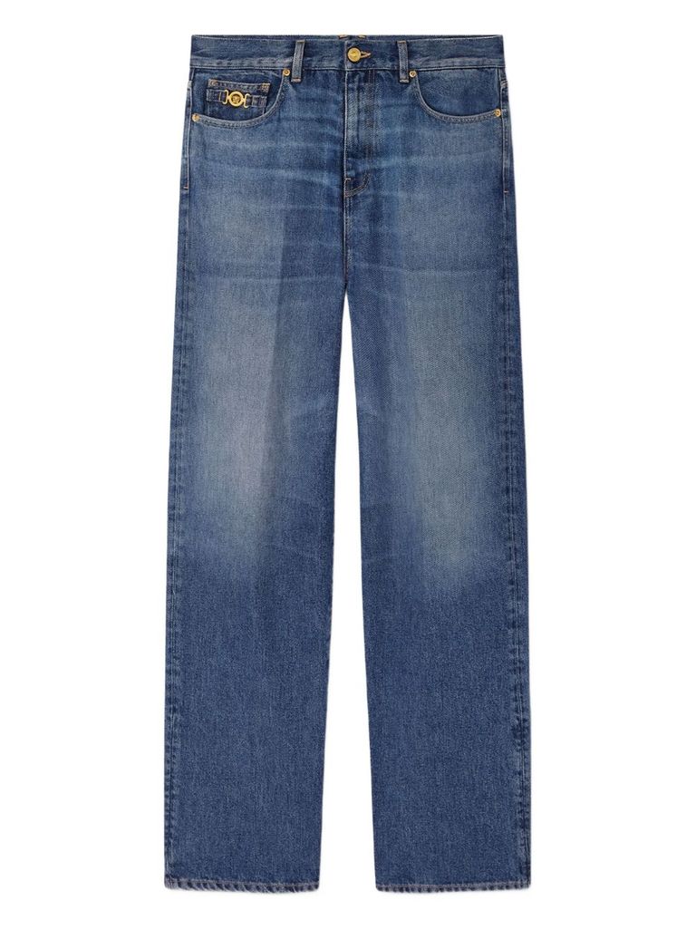 Versace Straight Trousers With Pockets And Loops In Blue