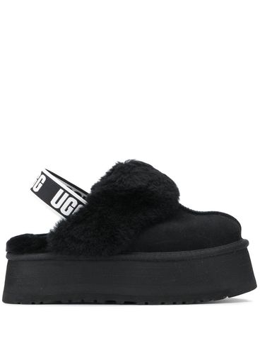 UGG - Platform strap mules in black leather with faux fur trim