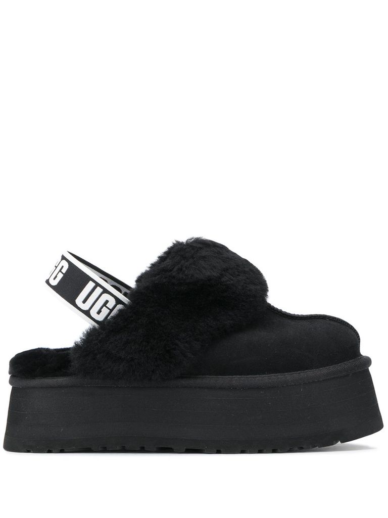 Ugg Platform Strap Mules In Black Leather With Faux Fur Trim In Black