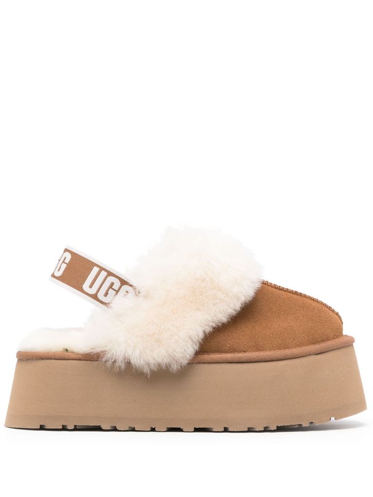 Ugg Platform Mules Made Of Camel-colored Leather With Faux Fur And Elastic Back In Sand
