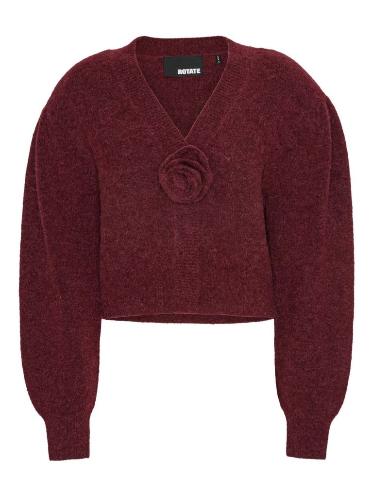 Rotate Birger Christensen Rotate Cropped Burgundy Sweater With Deep V-neckline And Floral Embellishment In Red