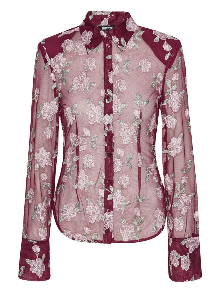 Rotate Birger Christensen Rotate Sheer Floral Embroidery Shirt With Classic Collar In Red