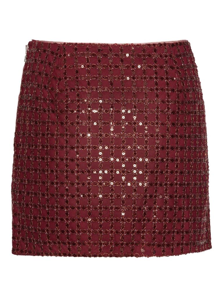 Rotate Birger Christensen Mesh Midi Skirt With Floral Bead Embroidery In Red