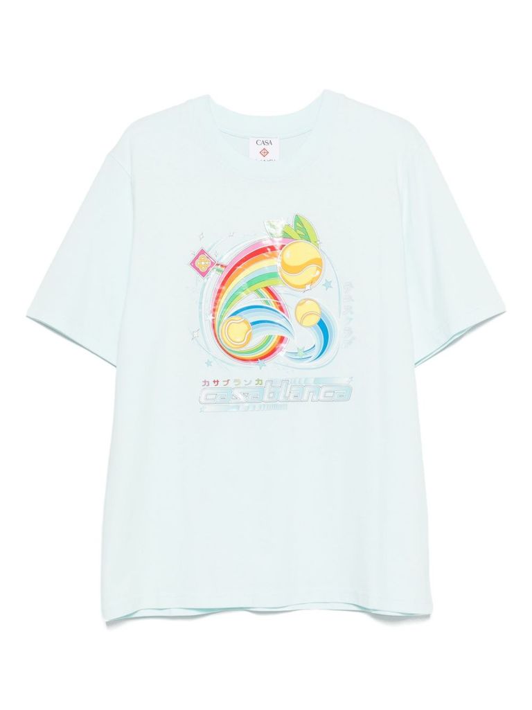 Casablanca Short-sleeved T-shirt In Light Blue Cotton With Graphic Print In Blue