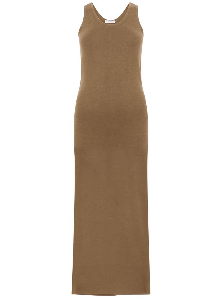 Max Mara Midi Dress With Round Neckline And Back Slit In Brown