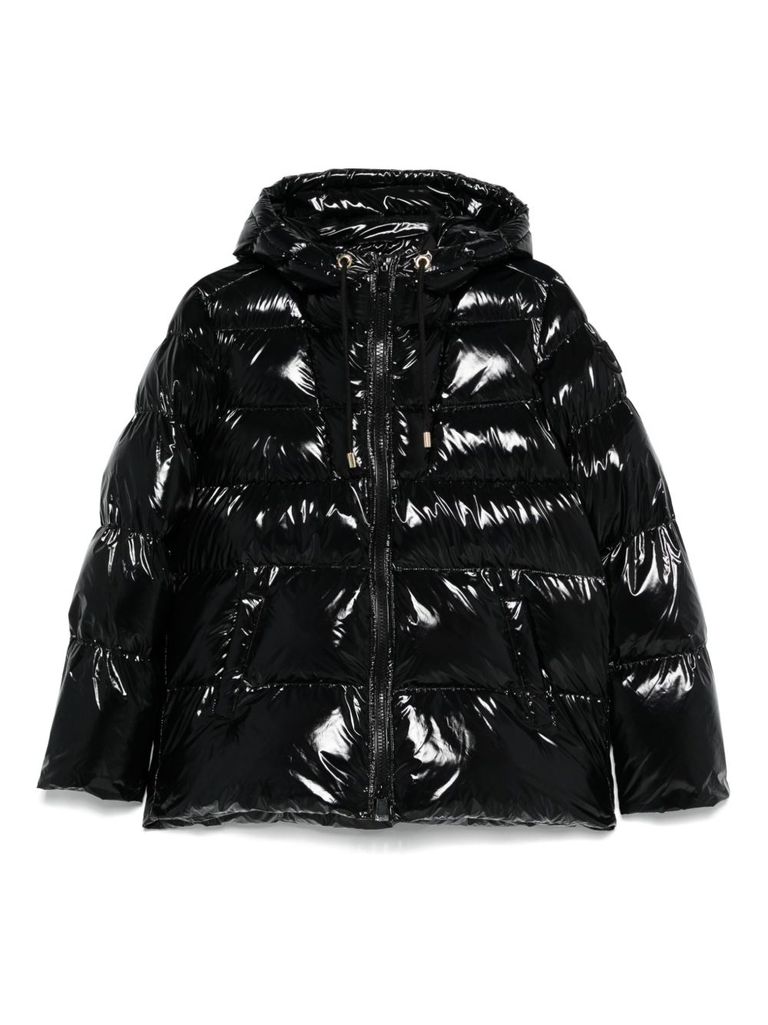 Pinko Oversized Black Puffy Coat With Glossy Finish And Hood In Black