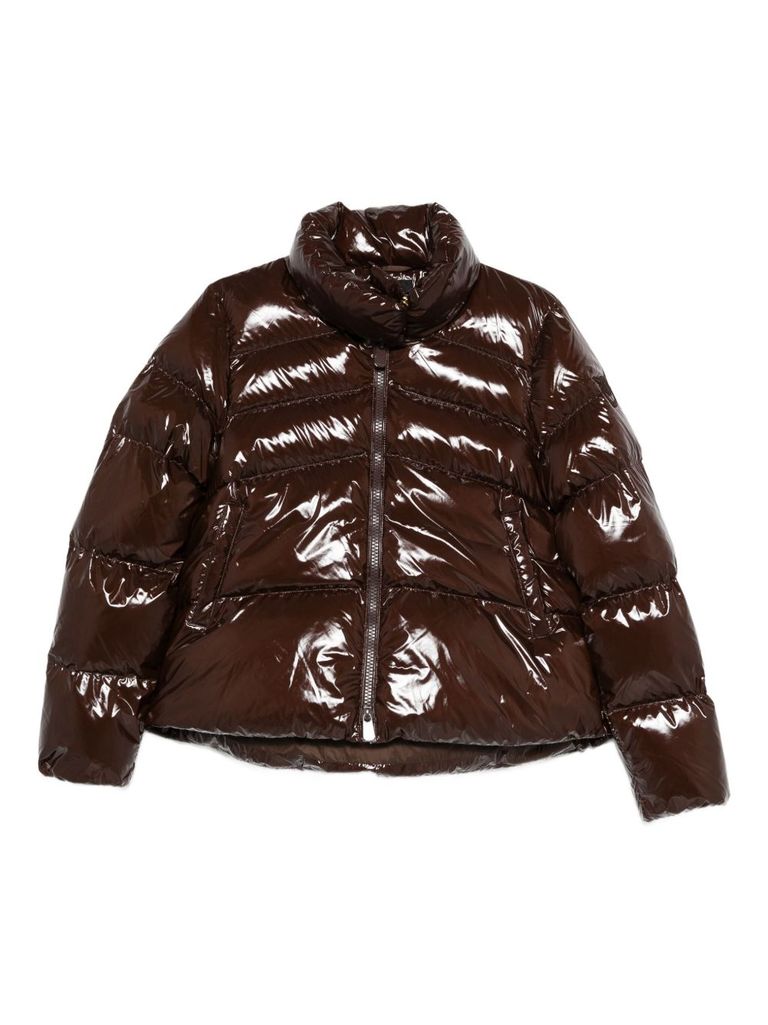 Pinko Quilted Brown Coat With High-shine Finish And Funnel Neck In Brown