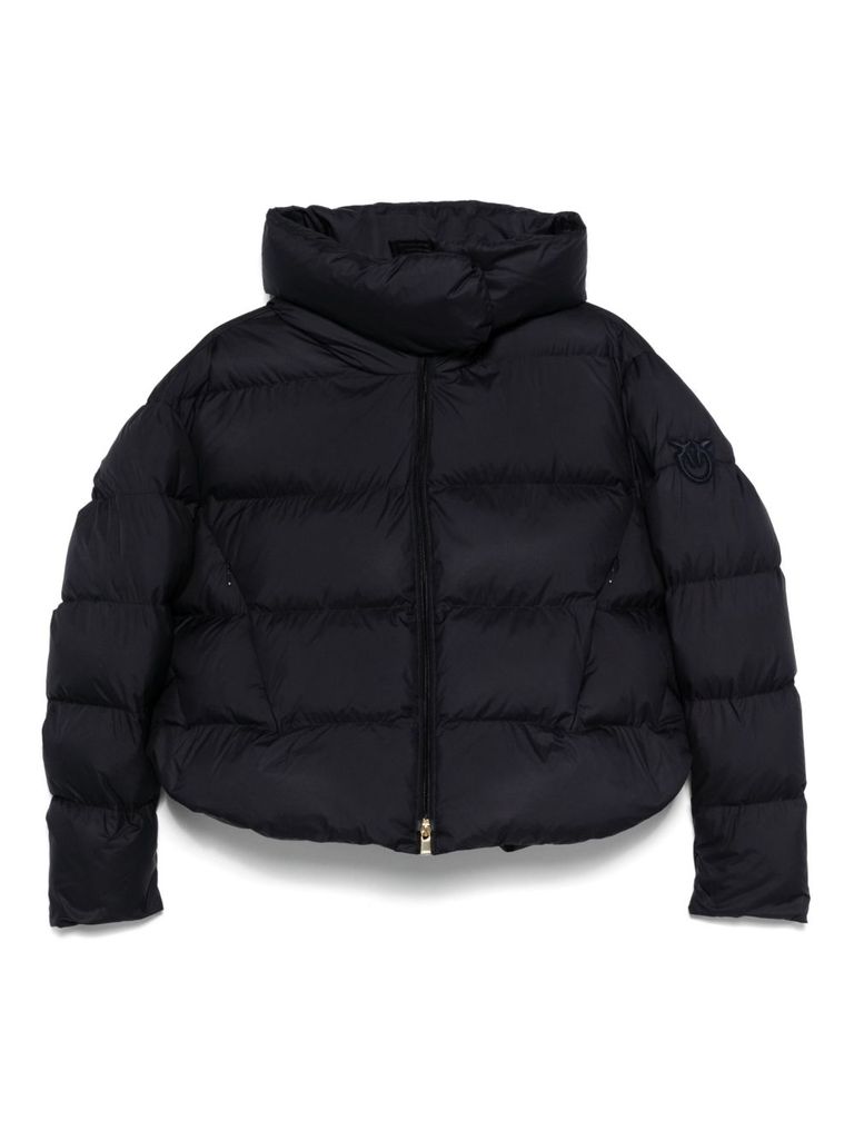 Pinko Cropped Navy Blue Quilted Coat With High Neck And Logo Patch In Multi