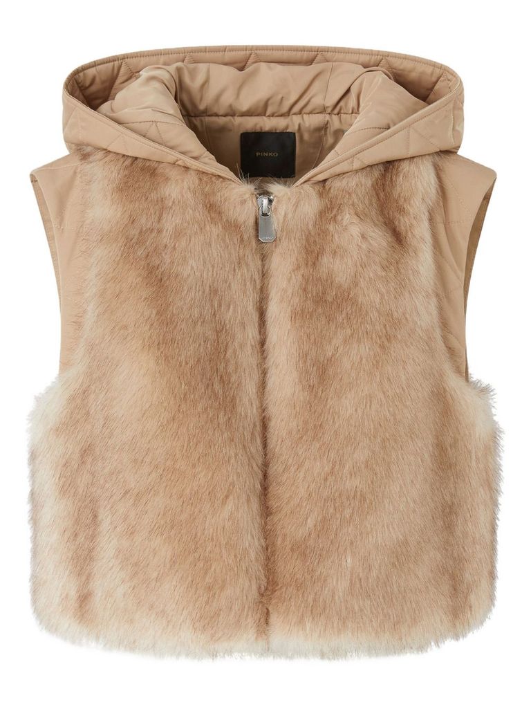 Pinko Cropped Beige Knitwear Jacket With Faux Fur In Sand
