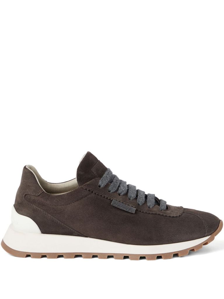 Brunello Cucinelli Suede Sneakers With Shiny Tab In Brown