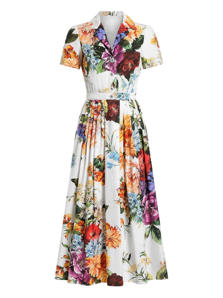 Dolce & Gabbana Pleated Floral-print Cotton-poplin Midi Dress In White