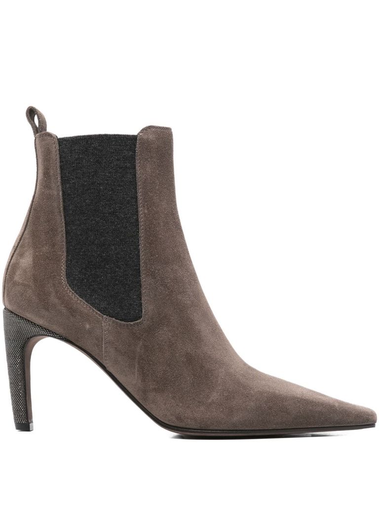 Brunello Cucinelli Suede Monili-heel Chelsea Booties In Brown
