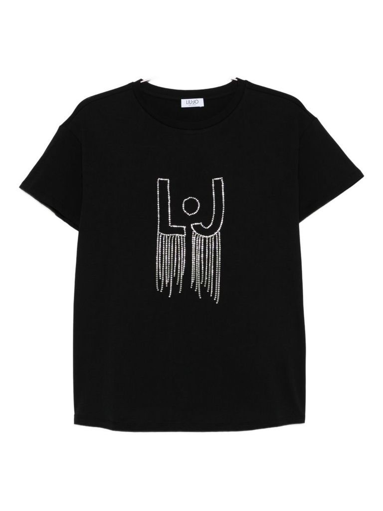 Liu •jo Crew Neck T-shirt With Rhinestones In Black