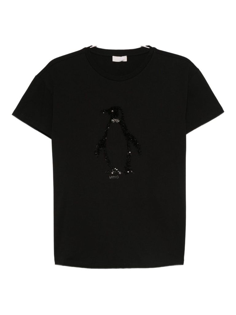 Liu •jo Crew Neck T-shirt With Rhinestones In Black