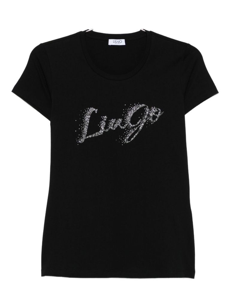 Liu •jo Crew Neck T-shirt With Rhinestones In Black