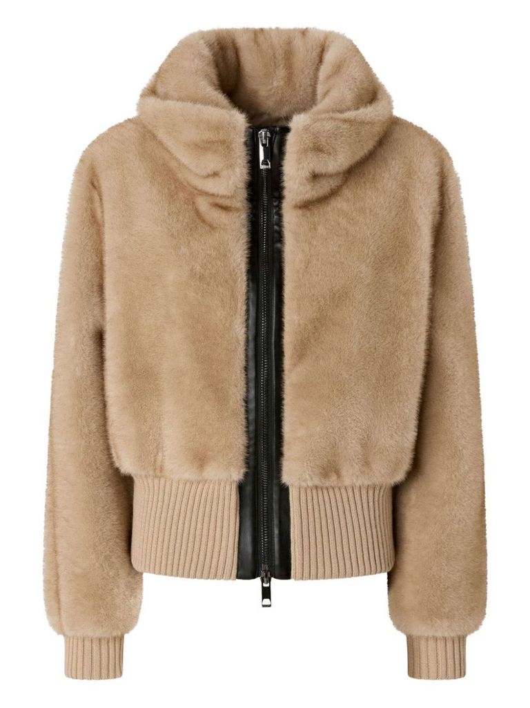 Pinko Faux-fur Ribbed-hem Jacket In Brown