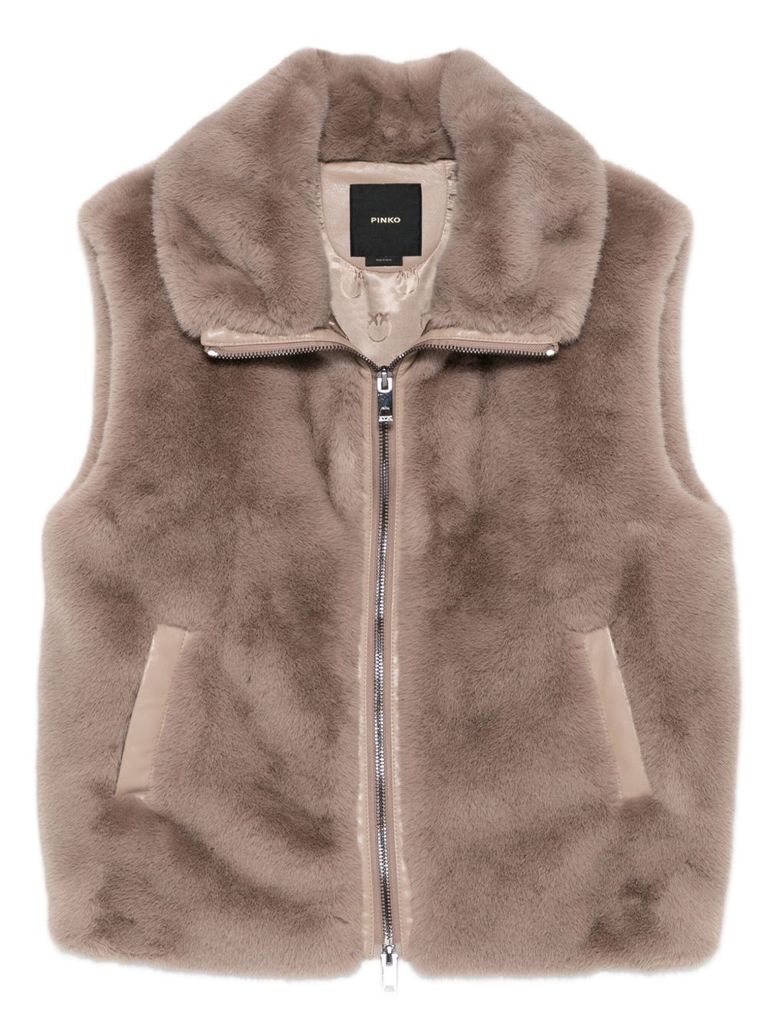 Pinko Beige Faux Fur Vest With High Collar In Brown