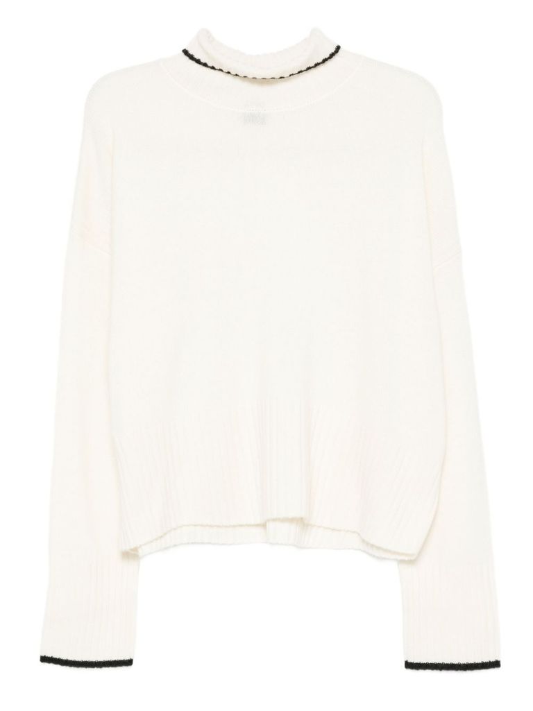 Pinko High Neck Knit Sweater In Wool In White