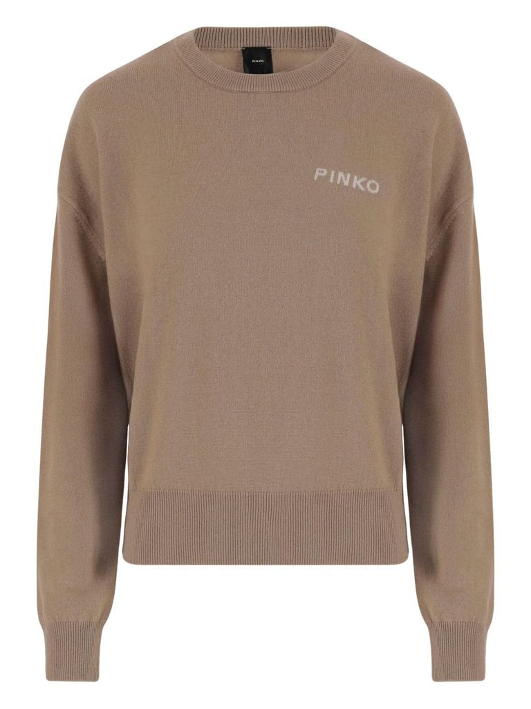 Pinko Crew Neck Knitwear Sweater With Logo Detail In Brown