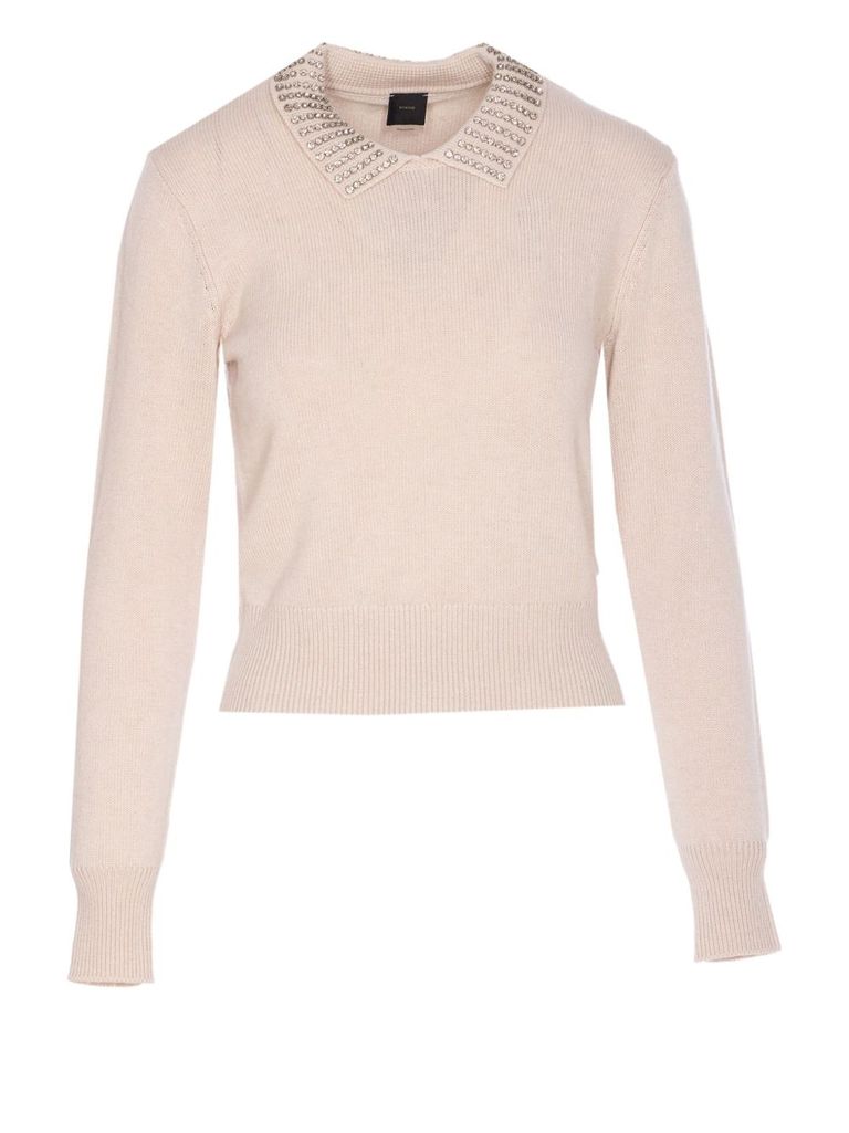 Pinko Fitted Sweater With Embellished Collar And Ribbed Details In Neutral