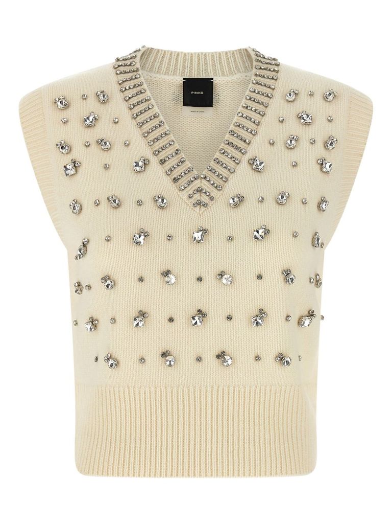 Pinko White Rhinestone Knitted Vest In Neutral