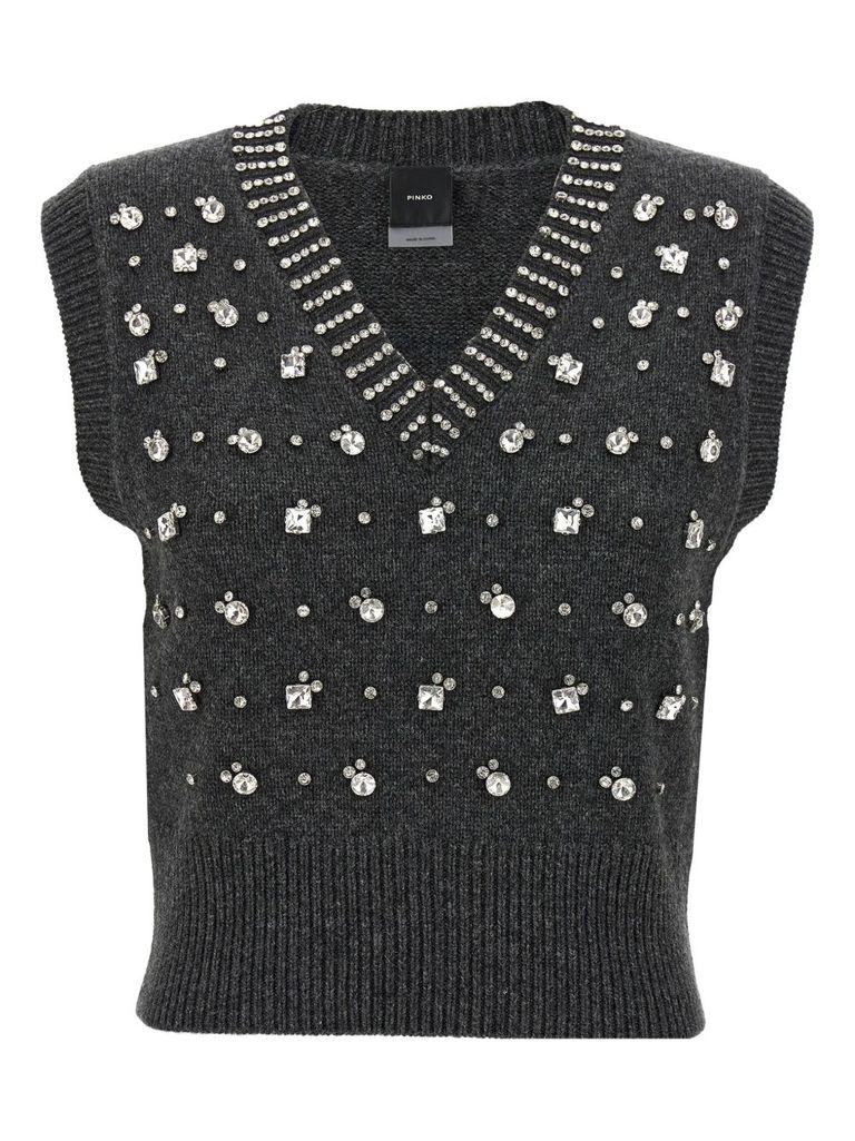Pinko Sleeveless Knit Vest With Rhinestone Accents In Gray