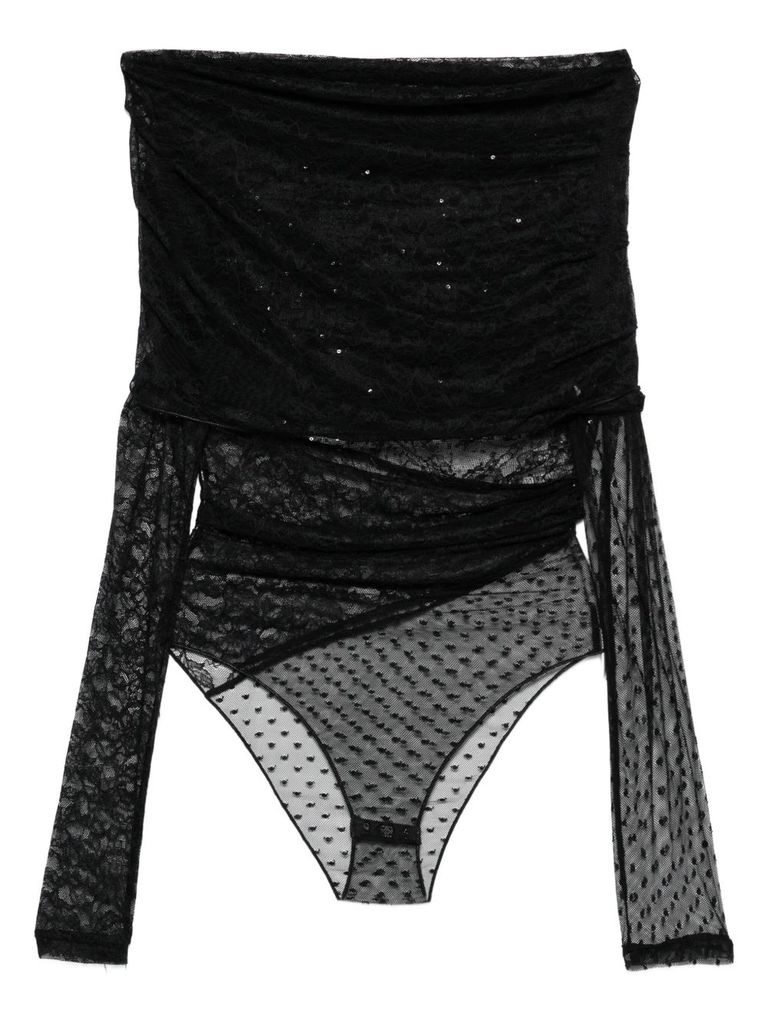 Pinko Sheer Black Off-shoulder Top With Lace In Black