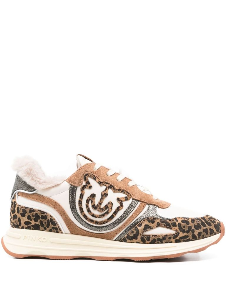 Pinko Zoe 01 Leather Sneakers With Leapadrata Pattern In Nude